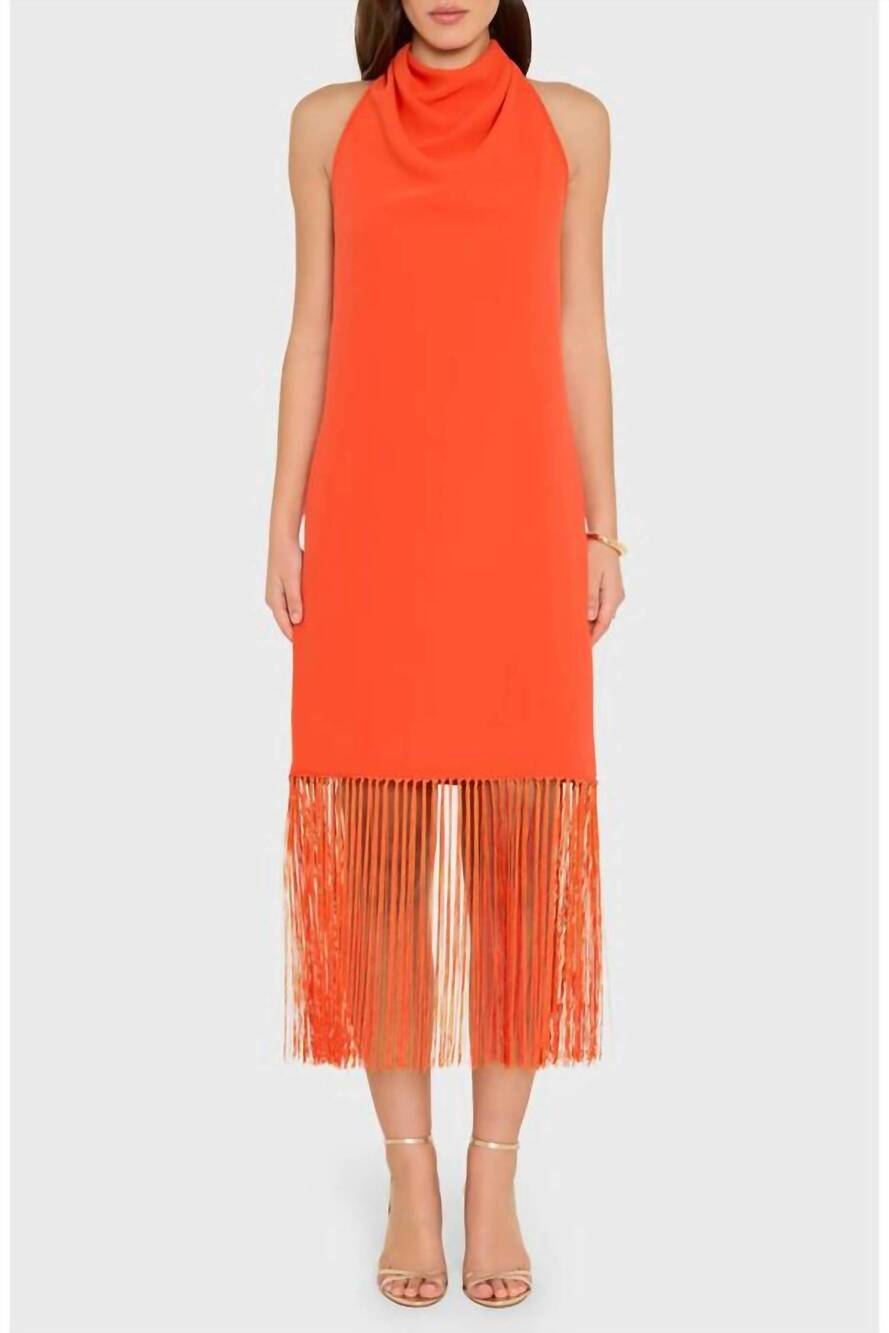 NEW AMANDA UPRICHARD syd cowl neck fringe midi dress in mandarin